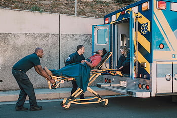 paramedics, helping, man, stretcher, first responders, injured, ambulance, daytime, emergency call, medical assistance, rescue