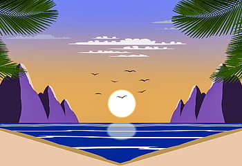 vektorové grafiky, Clip Art, hory, oceán, západ slunce, vln, palmy, pláž, písek, ptáků, Příroda
