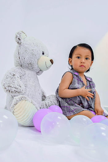 little Girl, teddy Bear, balloons, toddler, child, kid, girl, cute, childhood, toy, stuffed Toy