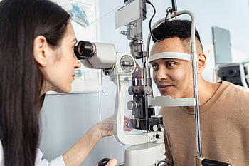 göz muayenesi, optometristin, hasta, özel ekipman, klinik ortamı, göz sağlığı, görme kontrolü, tıbbi muayene, göz bakımı, oftalmoloji, göz doktoru