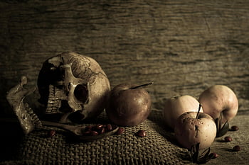 broken skull, apples, spoon, dimly lit scene, haunting still life, seeds, skull and apples, dark background, rustic setting, still life photography, eerie composition