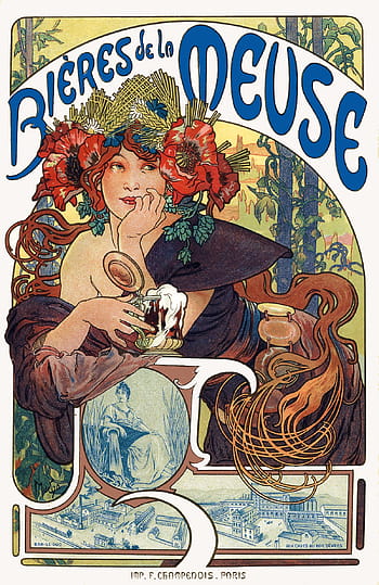 ビンテージ、 図、 むちゃ、 アール・ヌーボー、 jugendstil、 モダニズム、 グラフィックデザイン、 チェコニア、 ビール、 女性、 フラワーズ