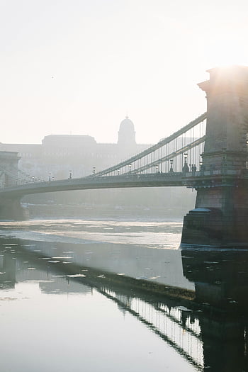 řetězový most, řeka Dunaj, budapešť, ranní mlha, svítání, odraz, voda, architektura, mezník, Maďarsko, panoráma města