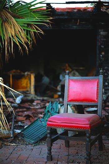 chair, rubble, trash, seat, red Chair, sitting, modeling, building, creepy, renovation, damaged