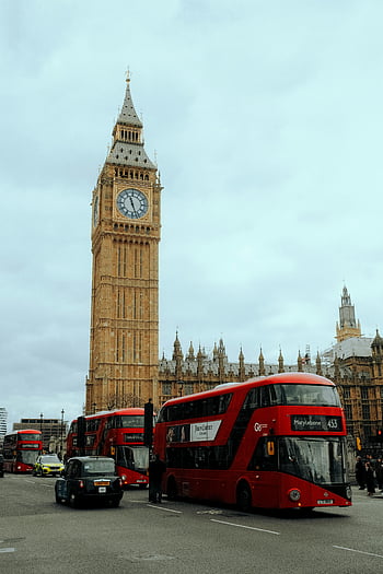 Grande ben, Londra, UK, autobus a due piani rossi, cieli nuvolosi, Vista classica, torre elisabetta, camere del Parlamento, tempo nuvoloso, Punto di riferimento britannico, Trasporto di Londra