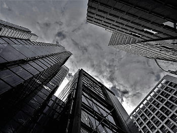 grayscale photography, modern skyscrapers, cloudy sky, upward view, black and white, urban architecture, cityscape, high-rise buildings, architectural photography, monochrome image, contemporary buildings