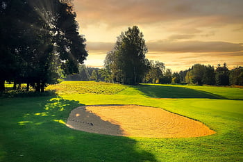 golf Course, meadow, lawn, grass, evening Light, sand, nature, trees, clouds, forest, landscape