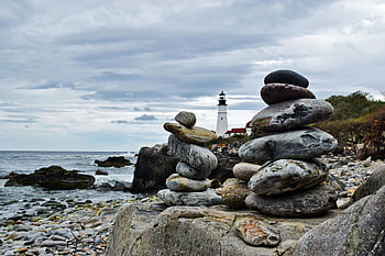 vyvažování kamene, šedá skála, skládaný skály, pobřeží, maják, Pozadí, Serene Seascape, pobřežní krajiny, Skalní formace, přirozená rovnováha, pohled na oceán