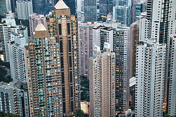 skyscrapers, Hong Kong Island, urban architecture, panoramic view, towering buildings, cityscape, aerial view, high-rise buildings, modern city, dense urban area, urban skyline