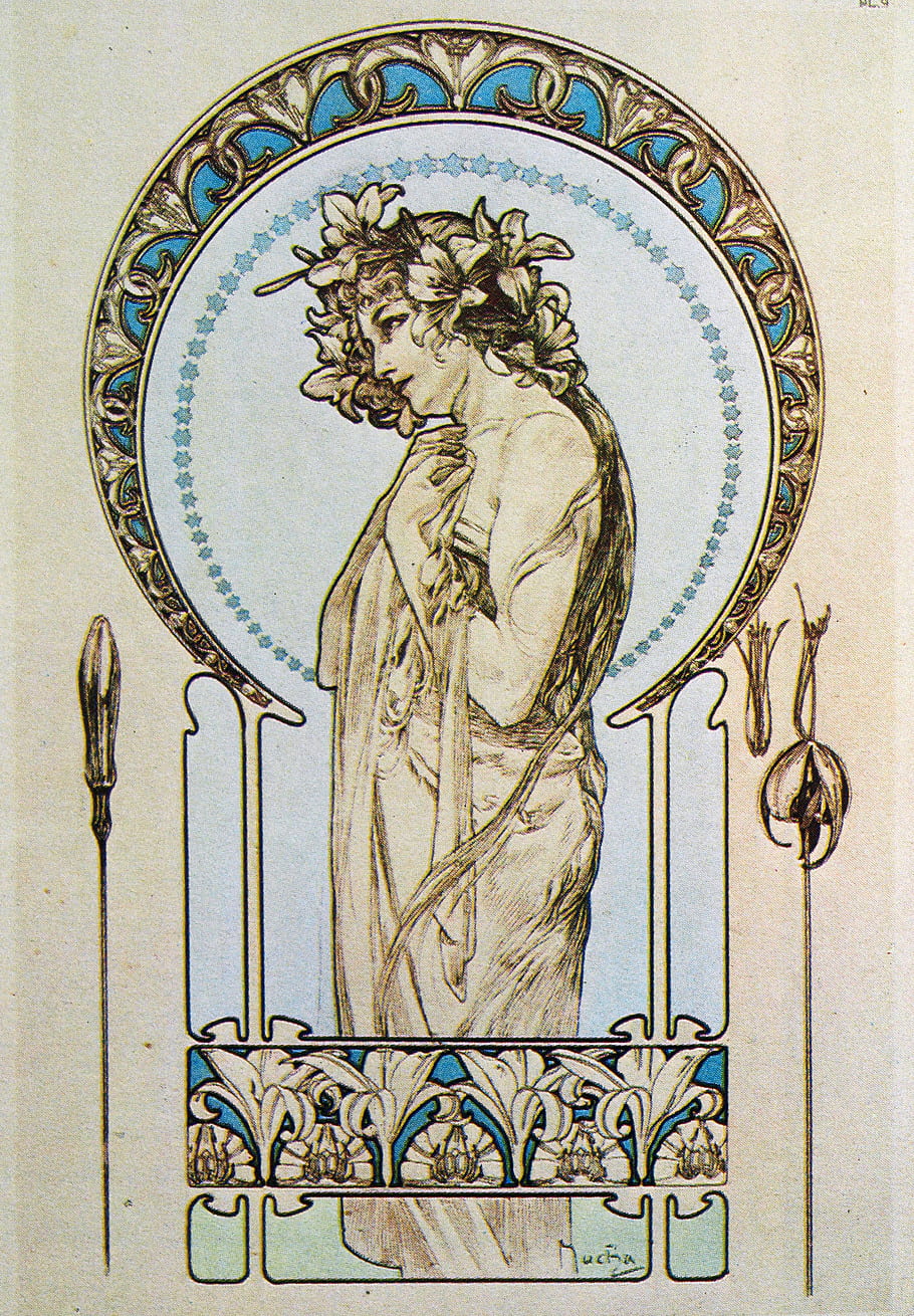 Alphonse Mucha, Art Nouveau, pin-up, high resolution, decorative documents, 1902, floral wreath, ornate frame, vintage illustration, female figure, elegant design