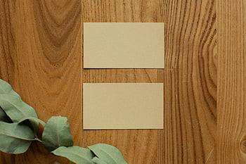 üres névjegykártyák, faasztal, zöld eukaliptusz levelek, felülnézet, természetes esztétika, névjegykártya -tervezés, minimalista design, irodaszer, környezetbarát, lapos feküdt, fényképezés