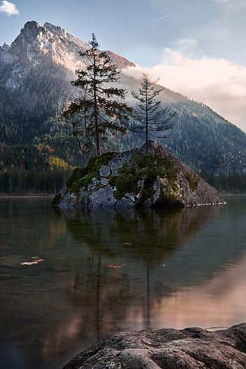 hintersee, lago, montaña, ramsau, Berchtesgaden, baviera, Alemania, montañas, naturaleza, isla, paisaje