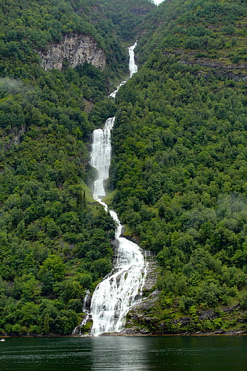 waterfall, nature, fjord, water, mountain, landscape, geirangerfjord, scandinavia, norway