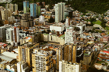 légi felvétel, városi épületek, modern város, Bogotá, Colombia, láthatár, városi Tájkép, sokemeletes épületek, városkép, belváros, nagyvárosi kilátás