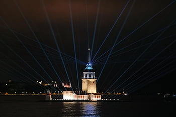 La Torre di Maiden, paesaggio notturno, natura, Istanbul, notte, mare, oceano