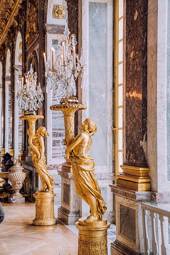 hala zrcadel, versailles, Francie, zlatá socha, Zlacené sochy, lustry, nádherný výhled, mramorové sloupy, ozdobený výzdoba, interiér paláce, Versailles palác