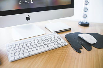 apple imac, tæt på, overvåge, mus, tastatur, Slank desktop, produktivitet, træ skrivebord, apple setup, computer tilbehør, arbejdsområde