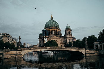 Berlin Cathedral, Spree River, dusk, Germany, scenic view, dome building, body of water, historic architecture, urban landscape, riverfront, cathedral dome