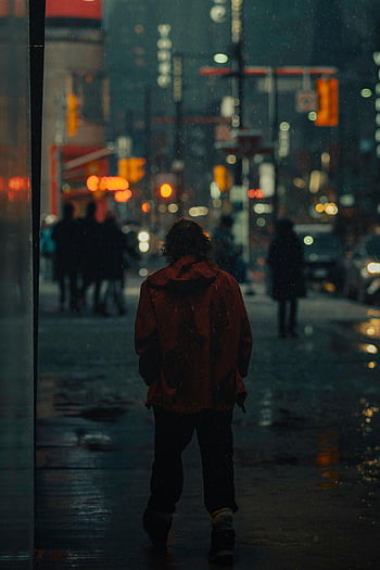 toronto, deštivá noc, městské scény, slabé světlo, člověk chůze, ulice, náladová atmosféra, noční město, mokré dlažby, světla města, městský noční život
