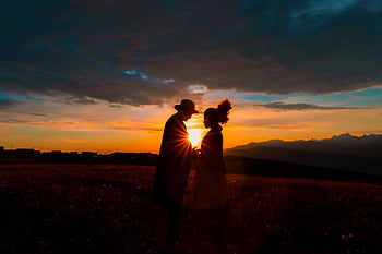 tramonto, sagome, romantico, insieme, amore, natura, romanza, coppia
