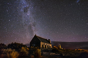 stars, night sky, Church of the Good Shepherd, Lake Tekapo, New Zealand, star-filled sky, church, Milky Way, night photography, landscape, astronomy