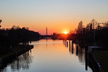 tramonto, Canale Reno-Erne, corso d'acqua, Percorso di spedizione, area della ruhr, natura, canale, Germania, Canale di trasporto