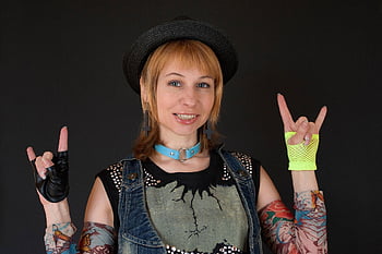 rocker, punk, woman, metalhead, musician, girl, retro, vintage, style, rebel, gesture
