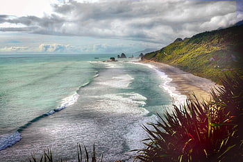 beach, coast, water, ocean, sea, horizon, clouds, sand, calm, nature, outdoors