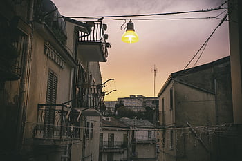 ulice, město, městský, západ slunce, domy, architektura, barvitý, svítání, večer, setmění, světlo
