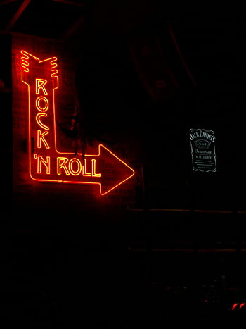 sinalização de néon, Barra, letreiro de neon vermelho, rock 'n roll, seta, atmosfera pouco iluminada, jack daniel, uísque, luzes de neon, vida noturna, local de música