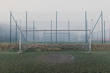 síť na fotbalové branky, mrazivá tráva, mlhavé fotbalové hřiště, mrazivá branková tyč, mlhavé sportovní hřiště, zimní sporty, venkovní sporty, chladné počasí, mlhavé pole, sportovní vybavení, branková tyč