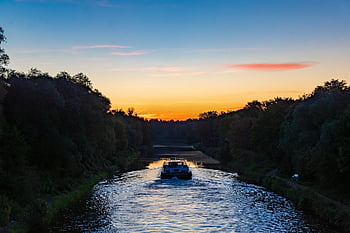 sunset, blue Hour, river, dusk, landscape, freight Transport, twilight