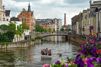 pán, ghent, kanálová scéna, historické budovy, živá řeka, malebný výstřel, Belgie, Evropské město, výlet lodí, květinové záhony, most pohled