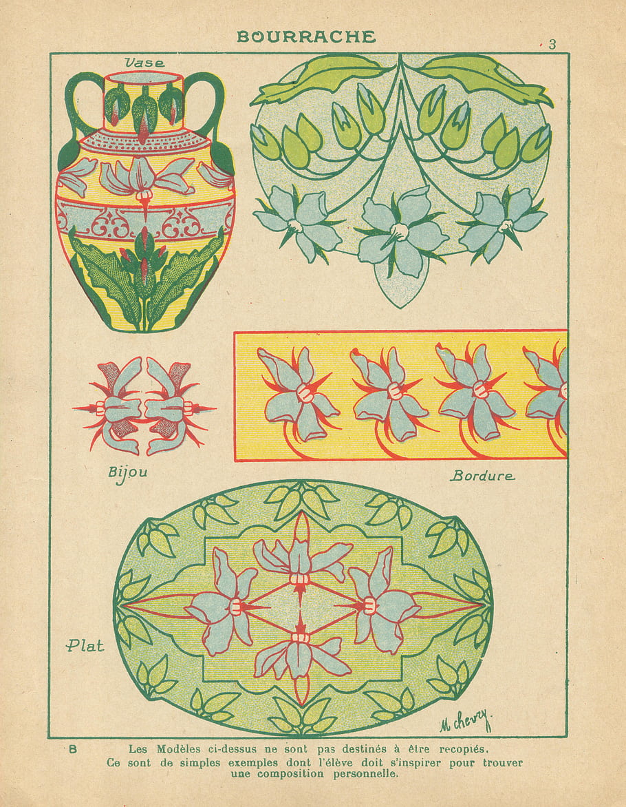 váza, bijou, Bordure, parcela, květinovým vzorem, secese, dekorativní vzory, zdobení, ilustrace, Vintage umění, bourrache