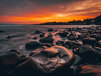 spiaggia, tramonto, natura, costa, devon, Inghilterra, mare, oceano, rocce