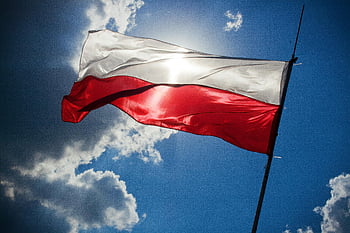 Poland, Polish flag, blue sky, clouds, national pride, fluttering flag, bright sky, red and white, flagpole, outdoor scene, sunny day
