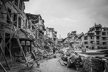 earthquake aftermath, Bhaktapur, Nepal, black and white, devastation, destruction, rubble, collapsed buildings, disaster scene, urban destruction, disaster recovery