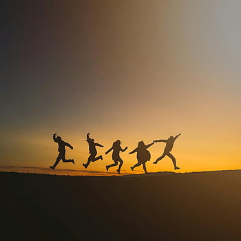 persone felici che saltano, tramonto, Islanda, la libertà, felicità, gruppo di amici, gioia, silhouette, all'aperto, avventura, viaggio