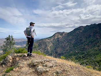 person, mountain, hike, man, male, view, sky, nature, landscape, wanderlust, adventure