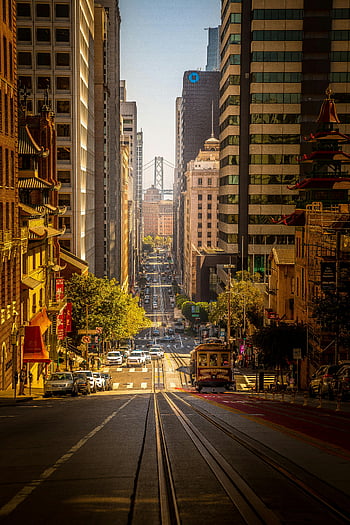 San Francisco, tramvaje, Bay Bridge, mrakodrapy, Rušná ulice, panoráma města, městské scény, tramvaj, čínská čtvrť, Kalifornie, přeprava