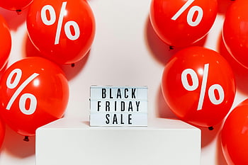 sexta-feira preta, sinalização de venda, balões vermelhos, Símbolos percentuais, compras festivas, atmosfera, sinais de desconto, Ofertas de férias, Evento de compras, exibição promocional, Evento de venda