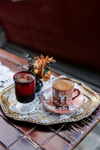 Turkish coffee, Turkish tea, traditional tray, decorative tray, Istanbul, authentic coffee, authentic tea, flowers, lace doily, wooden table, Turkish culture
