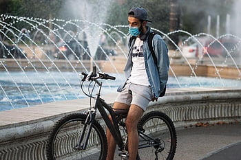 boy, young, man, person, bicycle, smartphone, mask, head, fountains, basin, splash