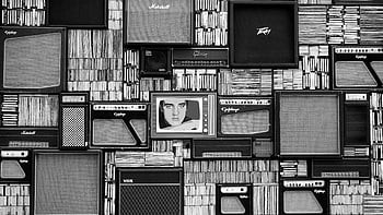 Elvis Presley, digitális háttérkép, vintage erősítők, bakelitlemezek, fekete és fehér, feltűnő minta, zenei emléktárgyak, retro audio berendezés, klasszikus rock, erősítő gyűjtemény, rekordgyűjtemény