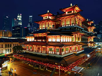 buddha zub relic chrám, singapore, čínská čtvrť, noční výhled, osvětlené budovy, Krásně osvětlené, chrám, architektura, panoráma města, lucerny, panoráma