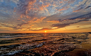 sunset, sea, clouds, liepaja, latvia, beach, colorful, horizon, sunbeams, baltic