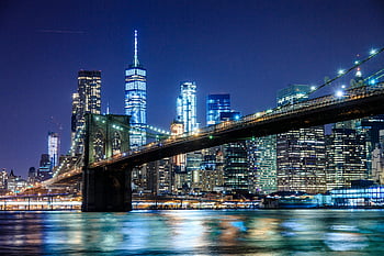 Brooklynský most, New York City, panoráma, noční fotografování, osvětlené město, městské krajiny, noční výhled, světla města, kultovní most, panorama Manhattanu, východní řeka