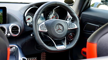 Mercedes-Benz, volan multifuncțional, Interiorul mașinii de lux, a închide, tablou de bord, Fotografie de focalizare selectivă, mercedes, interiorul mașinii, volan, luxos