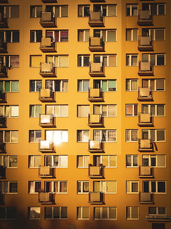 konkrétní bytový dům, Sluncem fasády, moderní bytový dům, Gdańsk Polsko, architektonický design, městského života, balkony, Okna, panoráma města, bytového domu, žlutý exteriér