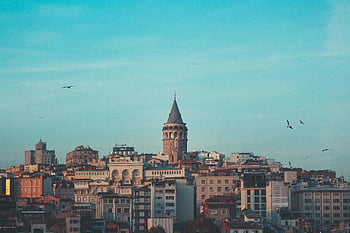 galata věž, Istanbul City Panoration, modrá obloha, kultovní mezník, Turecká architektura, městské panorama, Historická věž, výhled na město, galata bridge, cíl cesty, Turecko turismus